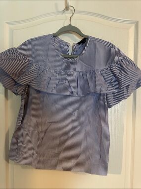 JCrew Blue and White Striped Ruffle Blouse